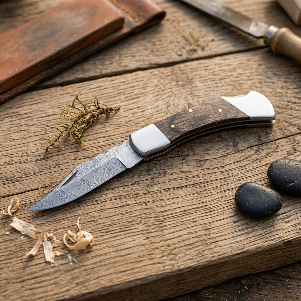 A folding pocket knife with a patterned steel blade, dark wood handle, and white end caps rests on a rustic wooden surface with wood shavings, stones, and carving tools in the background.