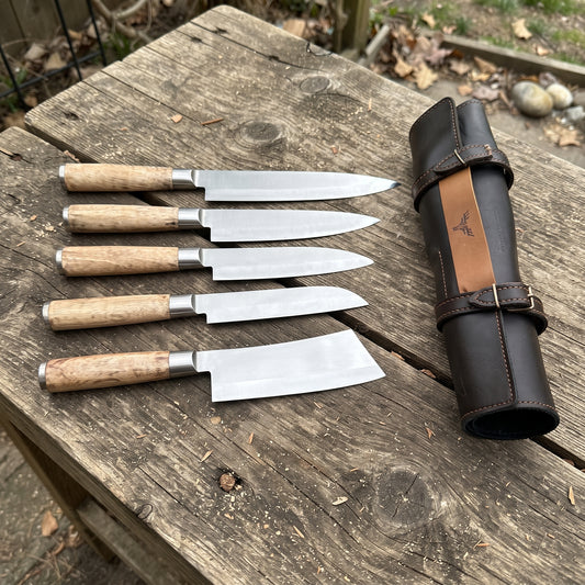 The Hearthwood — Handmade 5-Piece Stainless Steel Chef Knife Set with Pakkawood Handles & Genuine Leather Roll Case