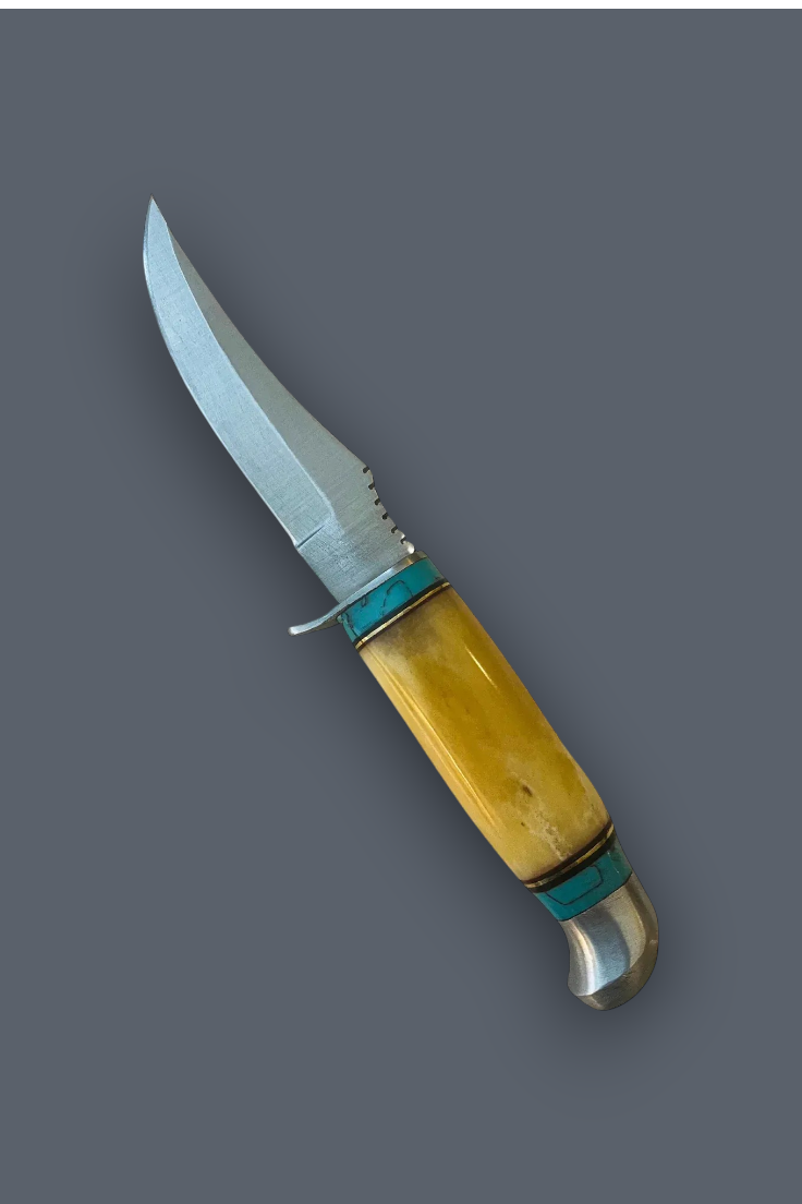 A fixed-blade knife with a curved silver steel blade, a yellow bone handle, and turquoise blue inlay bands, shown diagonally on a solid dark gray background.