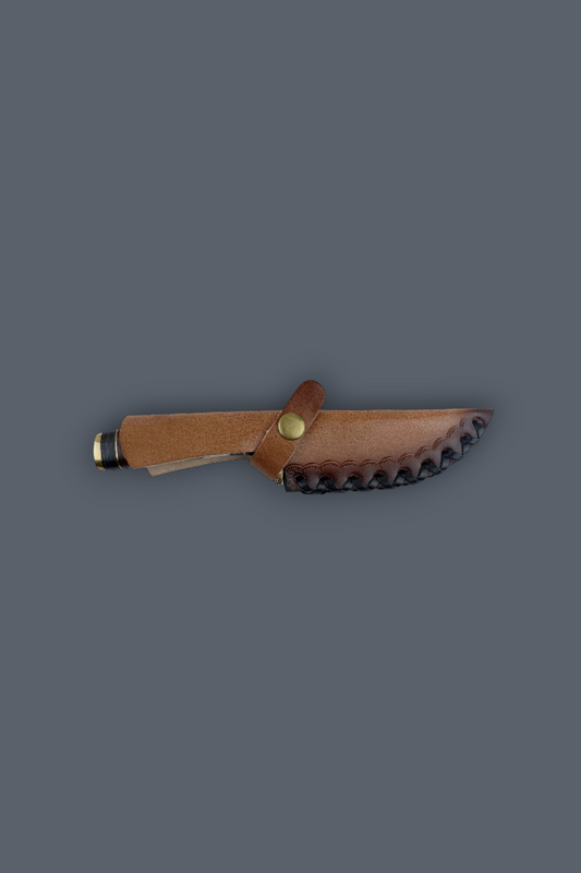 A small fixed-blade knife with a brown leather sheath, shown horizontally against a solid dark gray background.