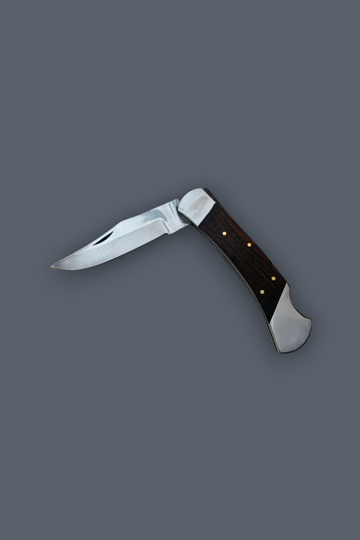 A classic folding pocket knife with a silver steel blade and a dark brown wooden handle, shown open against a solid dark gray background.