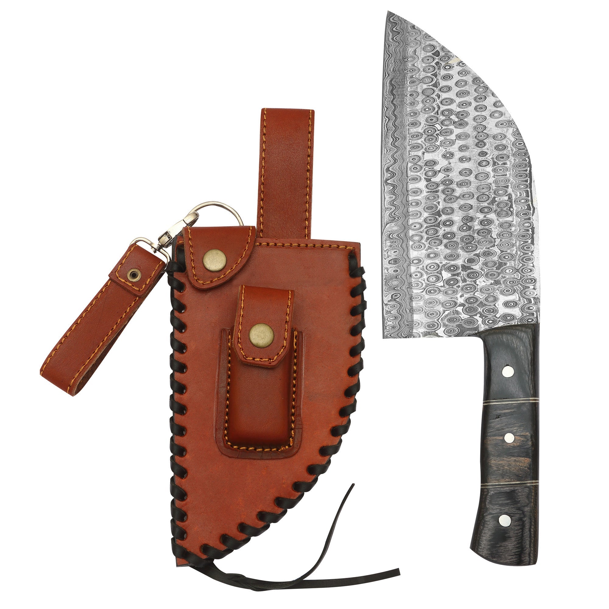10 Damascus Chef Meat Cleaver with Dark Wood Handle & Leather