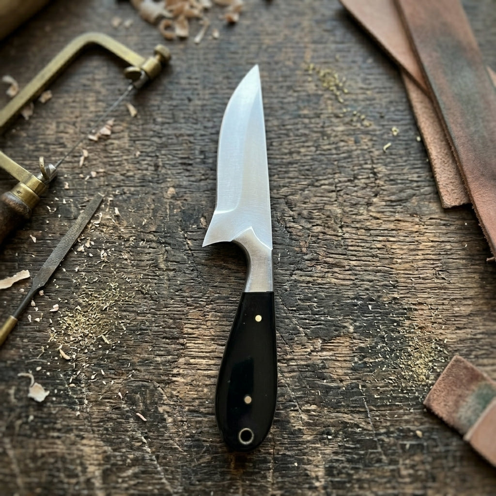 A small fixed-blade knife with a satin-finished silver blade and a black handle secured by two brass rivets, resting on a rustic wooden workbench surrounded by woodworking tools and shavings.