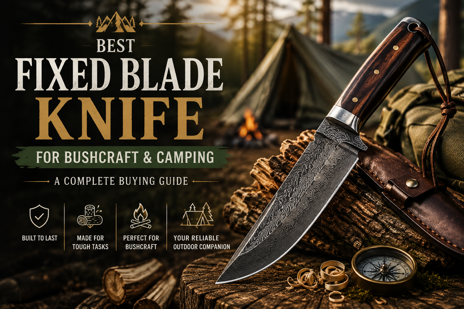 Best fixed blade knife for bushcraft and camping, featuring a Damascus-style knife, leather sheath, camping gear, compass, and forest campsite.