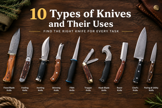 10 types of knives and their uses, including fixed blade, folding, hunting, skinning, fillet, trapper, hook blade, razor, chef’s, and paring knives.