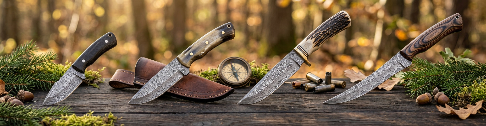 Ultra-wide banner displaying four different handcrafted Damascus hunting knives lined up side-by-side against a clean background.