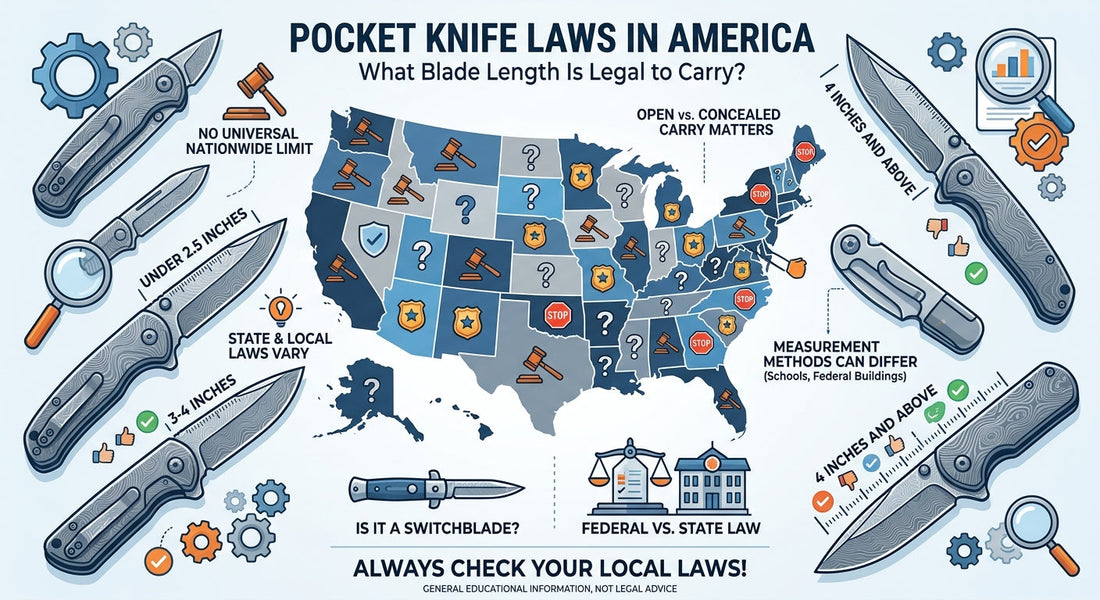 Infographic illustrating U.S. pocket knife laws, featuring a map, knife blade length measurements, and legal considerations.