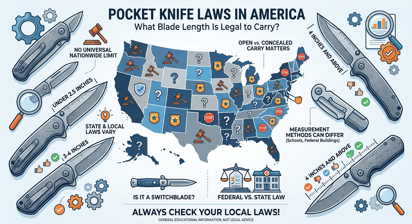 Infographic illustrating U.S. pocket knife laws, featuring a map, knife blade length measurements, and legal considerations.