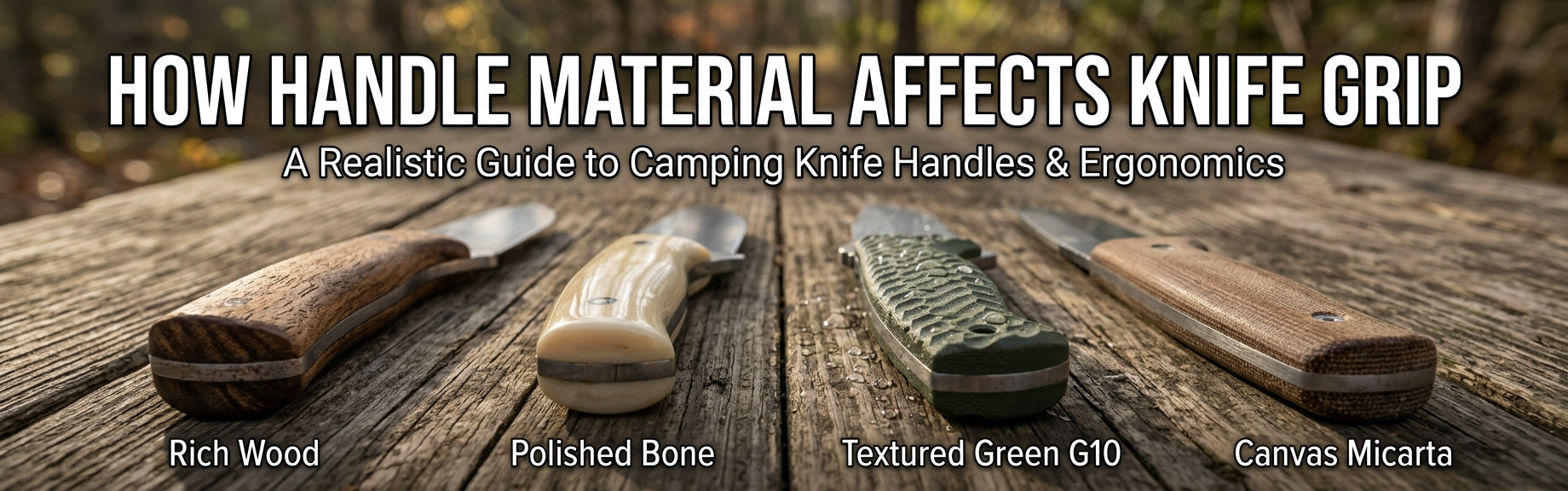 Ultra-wide blog banner showing four labeled knife handles—wood, bone, G10, and Micarta—on a rustic table with text reading "How Handle Material Affects Knife Grip."