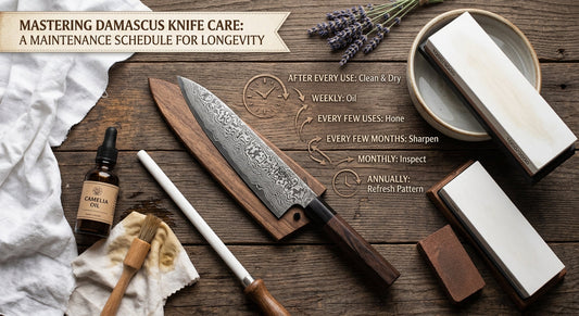 An overhead view of a Damascus steel knife surrounded by care tools like a ceramic rod, camellia oil, and whetstones, overlaid with a maintenance schedule graphic.