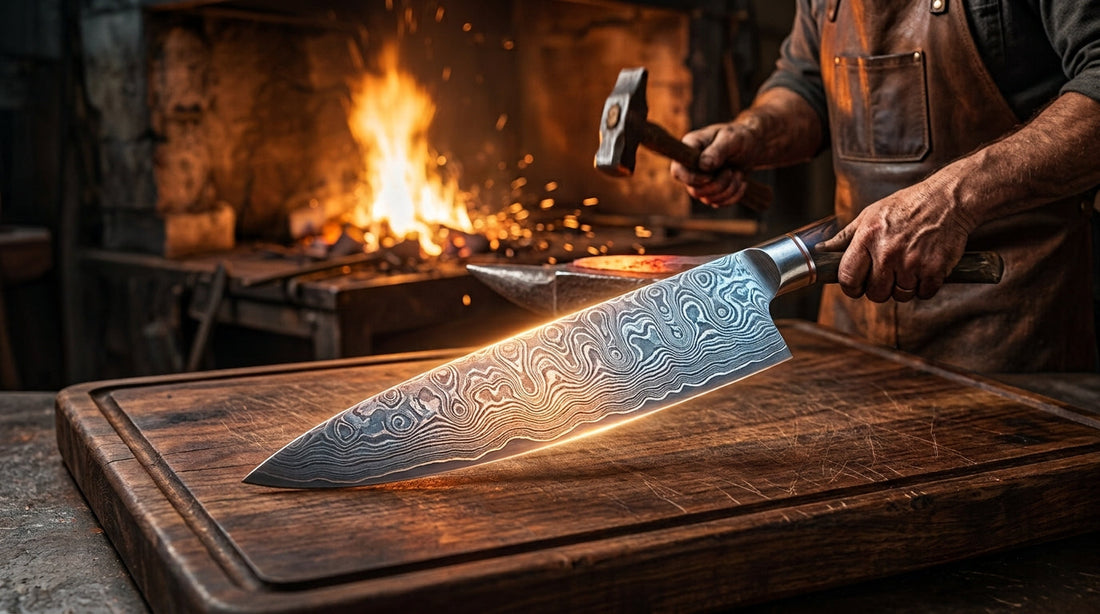 A Damascus steel chef knife with rippled blade patterns rests on a wooden board while a blacksmith works near a glowing forge in the background.
