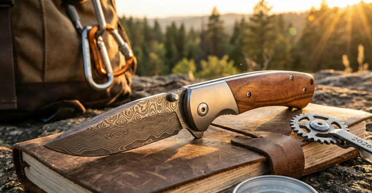 A Damascus folding knife placed along with other EDC gear items