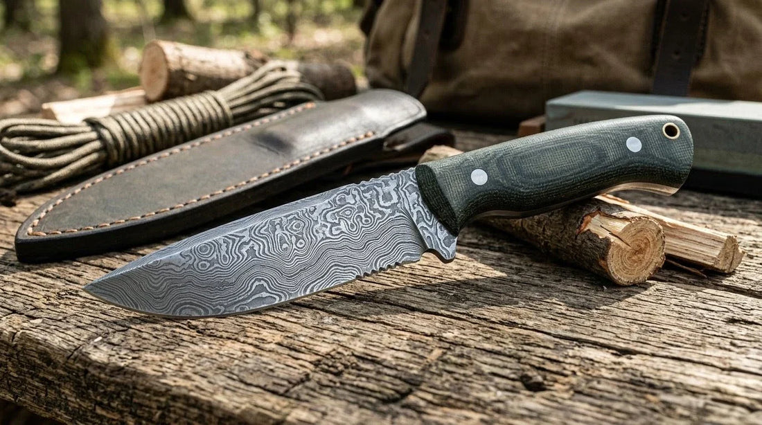 A Fixed Blade Damascus Knives Placed on a Bench