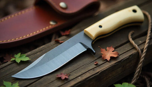 Bone handle knife on a wooden surface with a leather sheath and autumn leaves outdoors.