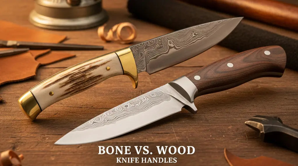 Image of both a bone handle knife and wooden handles for knives placed side by side