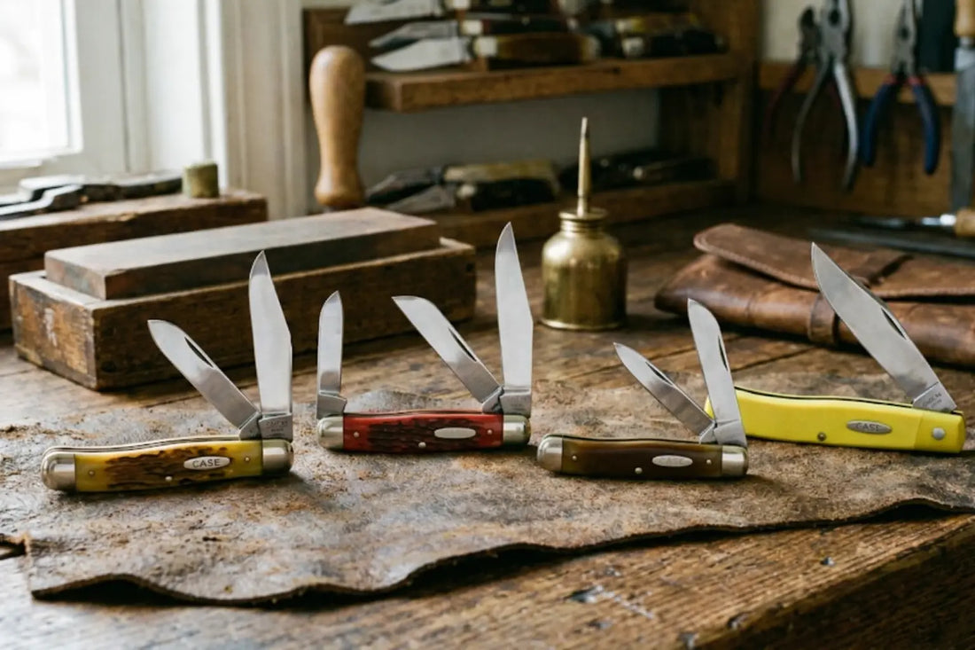 Four case pocket knives placed on an aged wooden workbench.