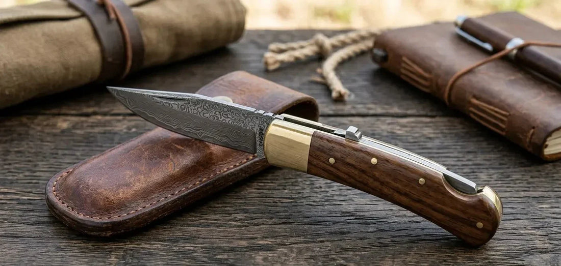 Lockback knife with Damascus steel blade and wood handle on a rustic outdoor table