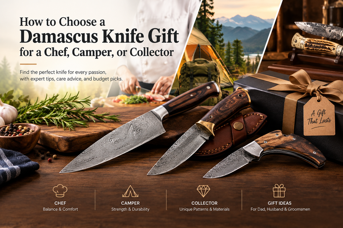 Damascus knife gift guide featuring chef, camping, and collector knives with gift box on a wooden table.