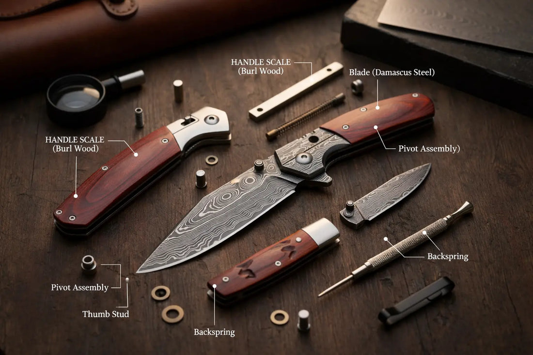 View of a Damascus pocket knife showing blade, burl wood handle scales, pivot assembly, thumb stud, and backspring on a wooden surface