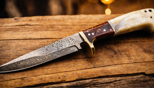 Close-up of a Damascus steel knife with a polished bone handle resting on a rustic wooden surface, showing detailed blade patterns and craftsmanship.