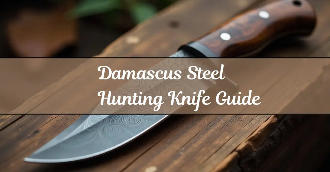 Handcrafted Damascus steel hunting knife with visible layered blade patterns displayed on a rustic outdoor surface.
