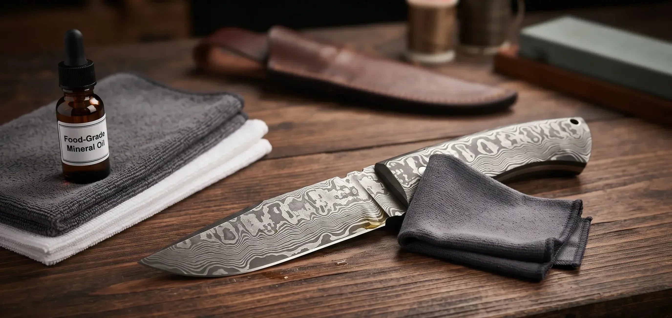 Maintenance tools and mineral oil next to a handcrafted Damascus steel knife on a wooden workbench.