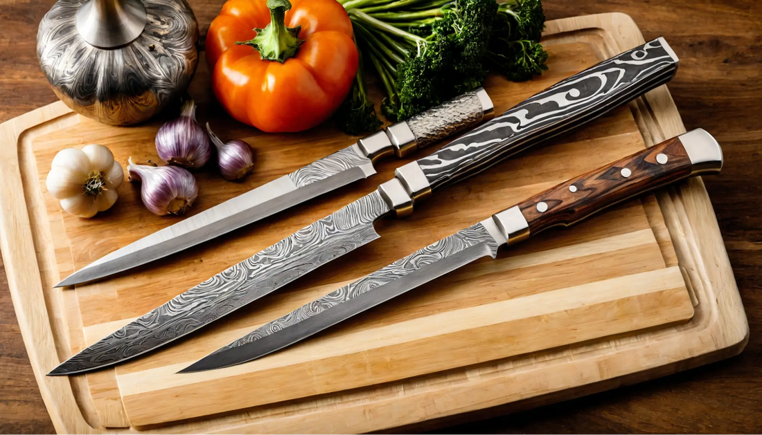 Side-by-side comparison of a Damascus steel knife with wavy blade patterns and a stainless steel knife with a smooth polished finish on a wooden cutting board, surrounded by vegetables and herbs.