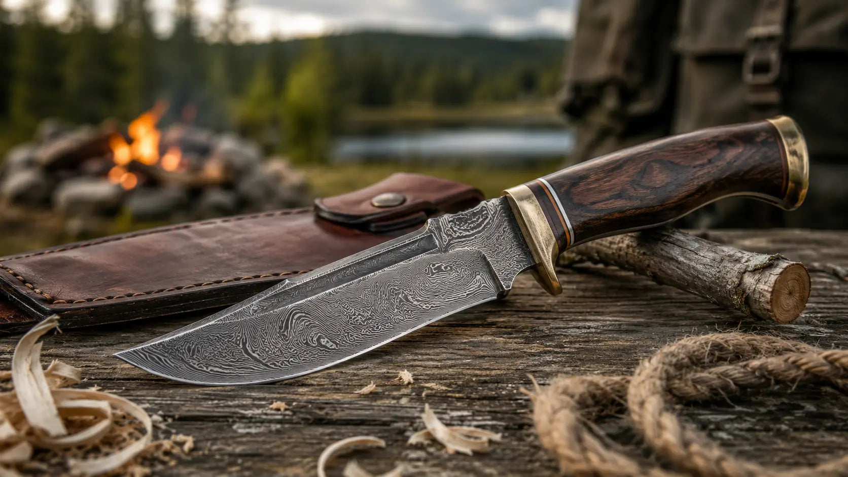 Damascus tracker knife with wooden handle and leather sheath displayed at an outdoor bushcraft campsite 