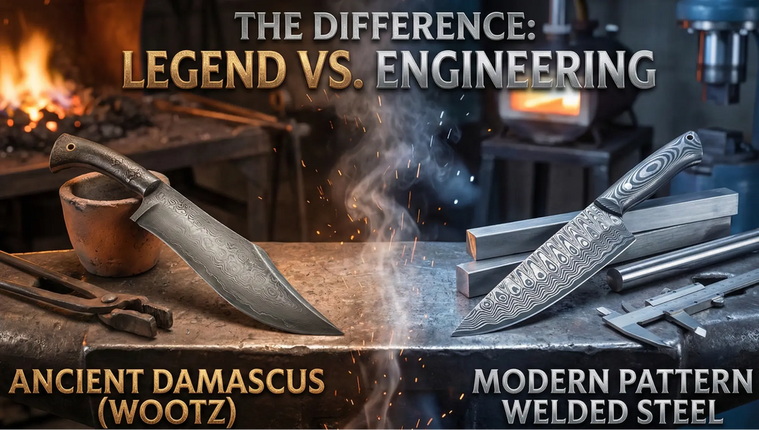 A comparison image of Damascus steel and pattern welded steel.