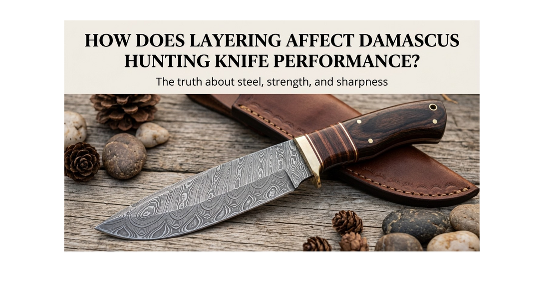 A handmade Damascus steel hunting knife with a rich wood handle and leather sheath resting on a wooden surface, with text reading "HOW DOES LAYERING AFFECT DAMASCUS HUNTING KNIFE PERFORMANCE?".