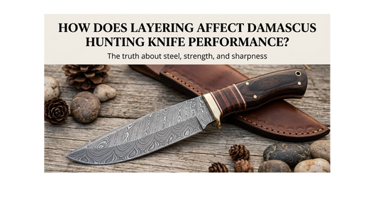A handmade Damascus steel hunting knife with a rich wood handle and leather sheath resting on a wooden surface, with text reading "HOW DOES LAYERING AFFECT DAMASCUS HUNTING KNIFE PERFORMANCE?".