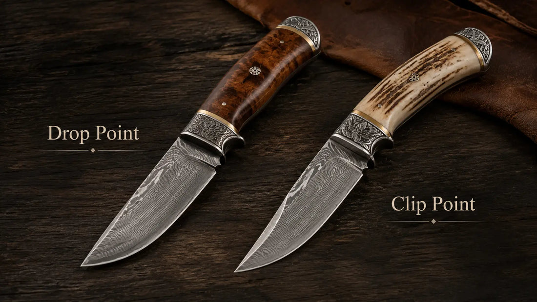 Drop point and clip point Damascus knives compared side by side on a dark wooden background 