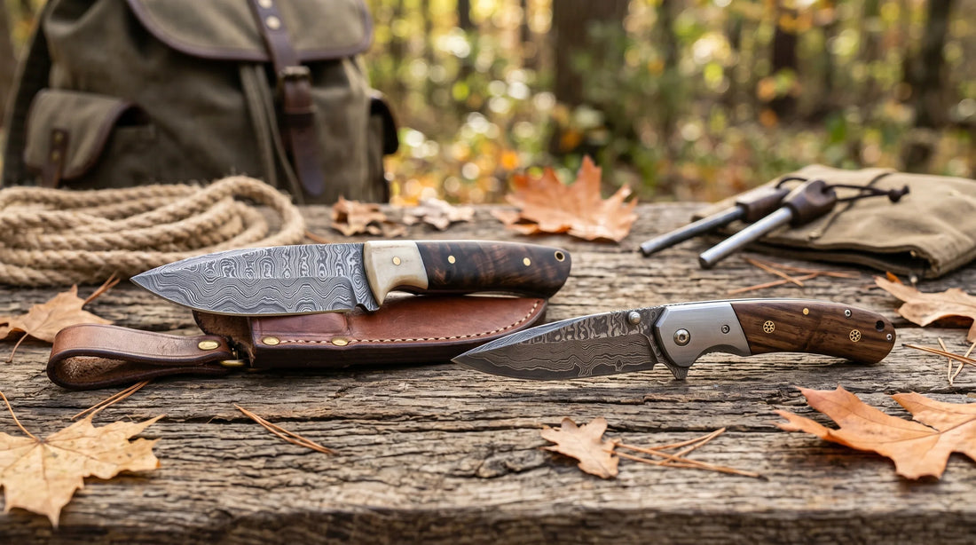 Fixed blade vs folding knife with Damascus steel blades shown for hunting, camping, and everyday carry 