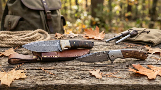 Fixed blade vs folding knife with Damascus steel blades shown for hunting, camping, and everyday carry 