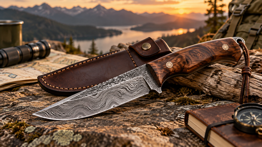 Fixed blade Damascus knife with leather sheath displayed in an outdoor setting 