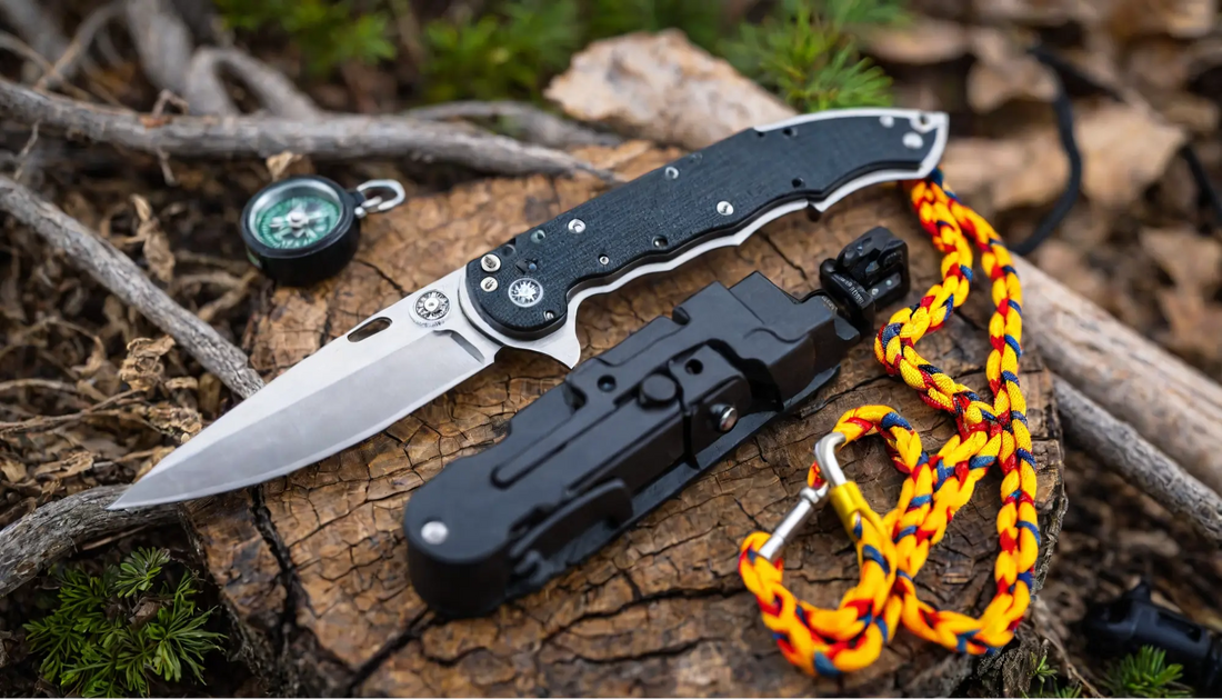 A folding knife with EDC tools: compass, paracord, and multitool arranged on a tree stump outdoors, symbolizing everyday carry preparedness.