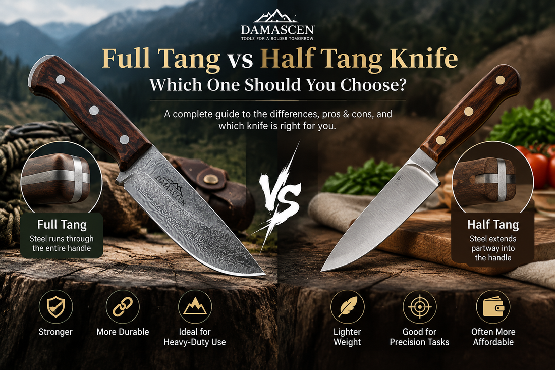  Full tang vs half tang knife comparison showing blade construction differences of each knife type.