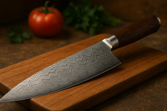 Close-up of a handcrafted Damascus chef’s knife on a wooden cutting board with a tomato behind.