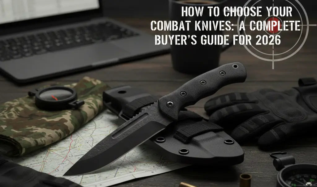 How to choose your combat knives guide featuring a fixed blade combat knife on a table with gear.