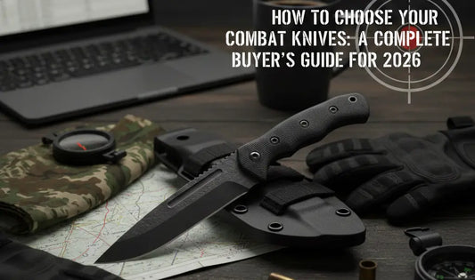 How to choose your combat knives guide featuring a fixed blade combat knife on a table with gear.