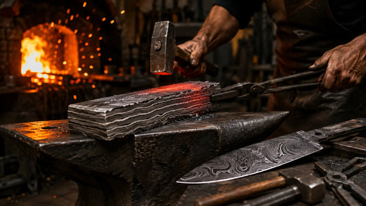 Blacksmith forging layered Damascus steel billet on an anvil with a finished Damascus knife blade nearby 