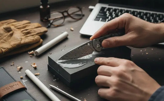  Image showing how to sharpen a pocket knife using a wet whetstone at a desk.
