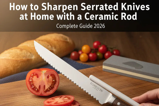 How to sharpen serrated knives at home guide, showing a serrated knife on a table.