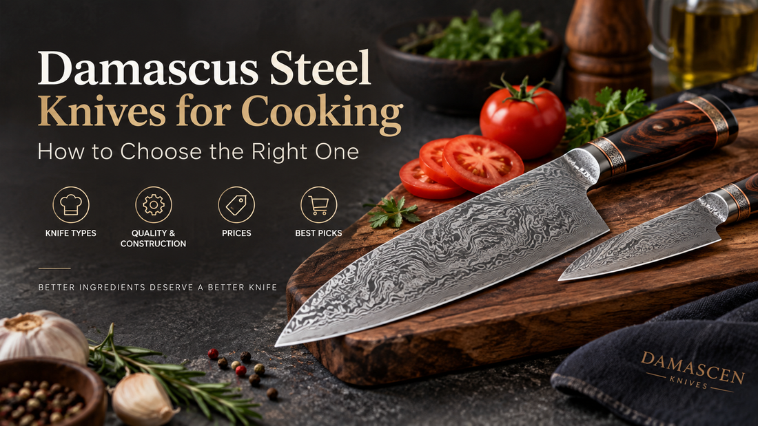 Damascus steel knives for cooking with chef knives, vegetables and a wooden cutting board