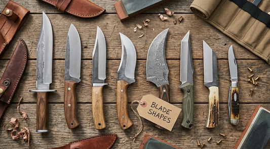 Different types of knife blade shapes displayed on a wooden surface to help choose the right knife for outdoor and utility tasks.