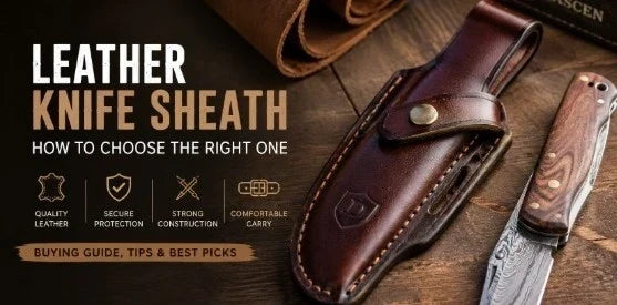 Brown leather knife sheath with Damascus steel knife showing quality leather construction, secure protection, and comfortable carry.