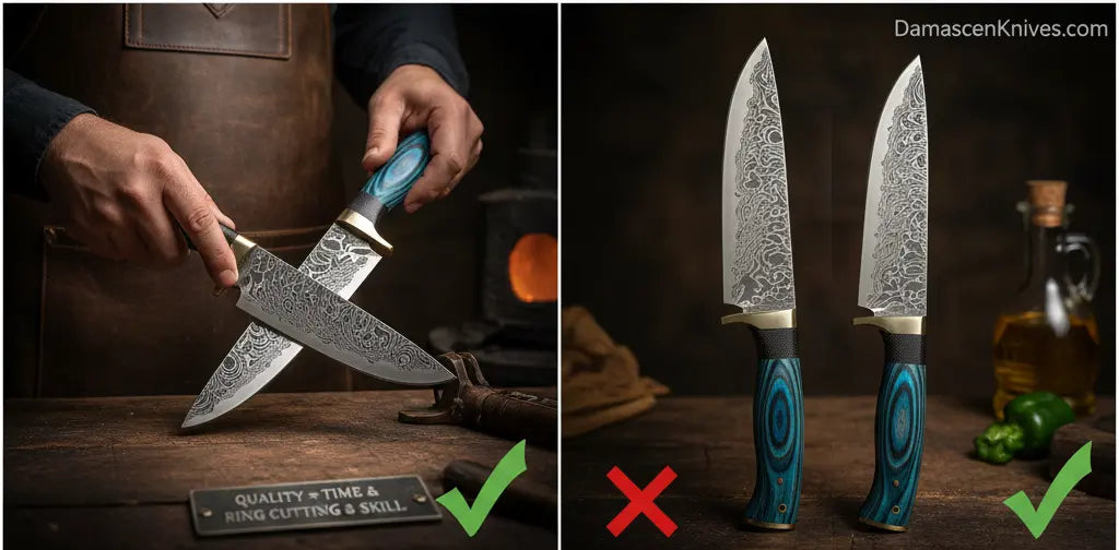 Comparison of real vs fake Damascus knives showing authentic forging and pattern differences.