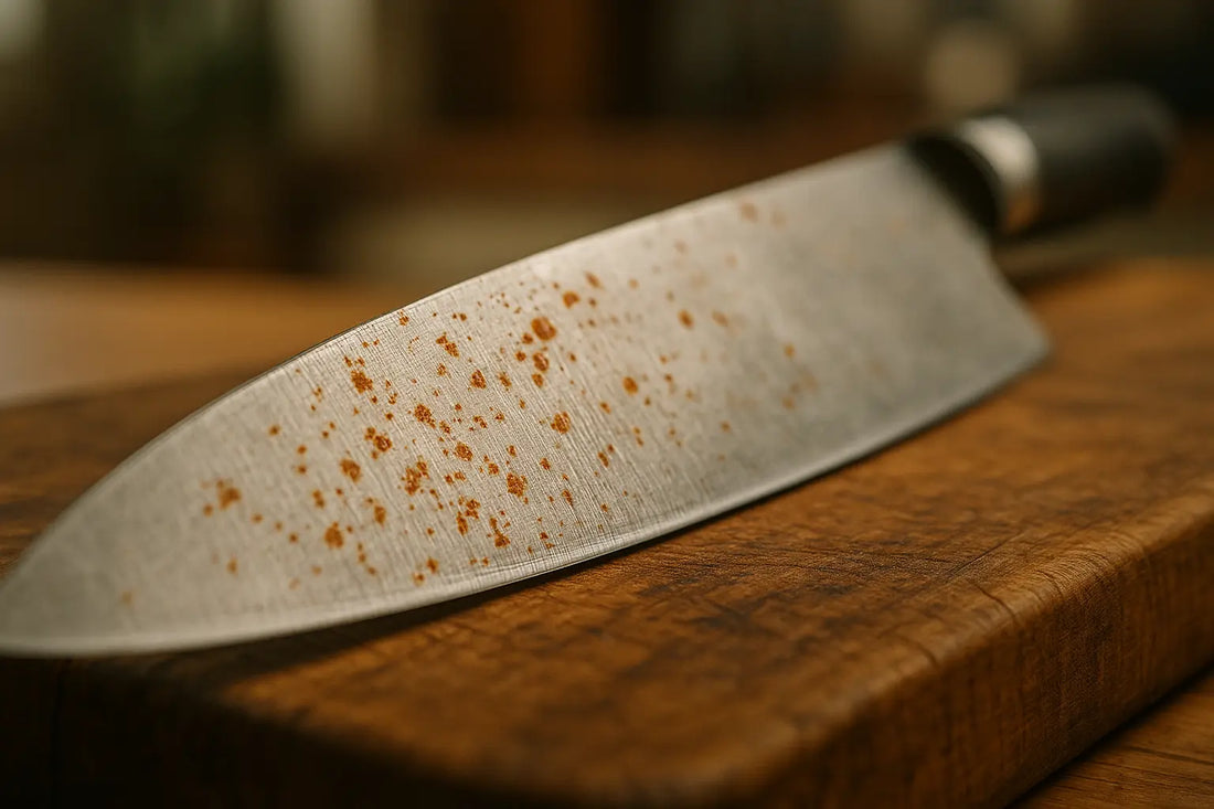Close-up of a stainless steel kitchen knife with small orange rust spots on a wooden cutting board in a home kitchen
