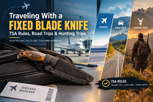  Traveling with a fixed blade knife packed in a sheath beside luggage, with airport, road trip, and hunting trip scenes illustrating TSA rules and safe travel packing. 