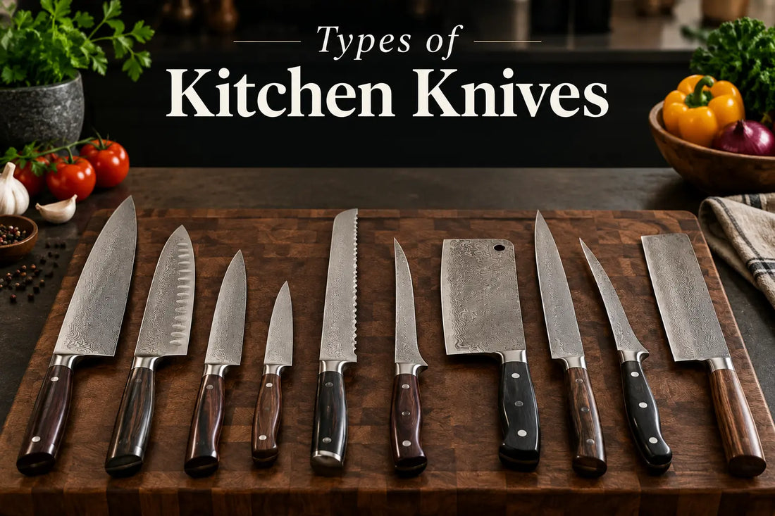Types of kitchen knives including chef, Santoku, bread, paring, cleaver and other essential kitchen knives